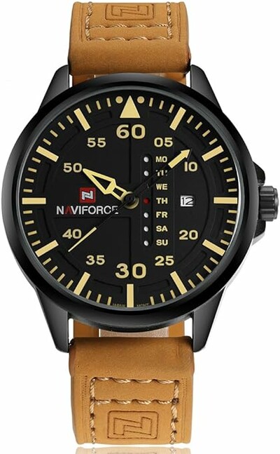 NAVIFORCE NF9074 Brown & Black Dial Leather Analog Watch (P02054)