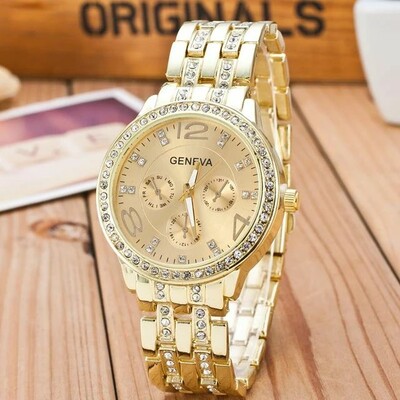 Geneva Diamond Luxury Gold Watch #